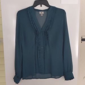 Teal sheer ruffle blouse, size M